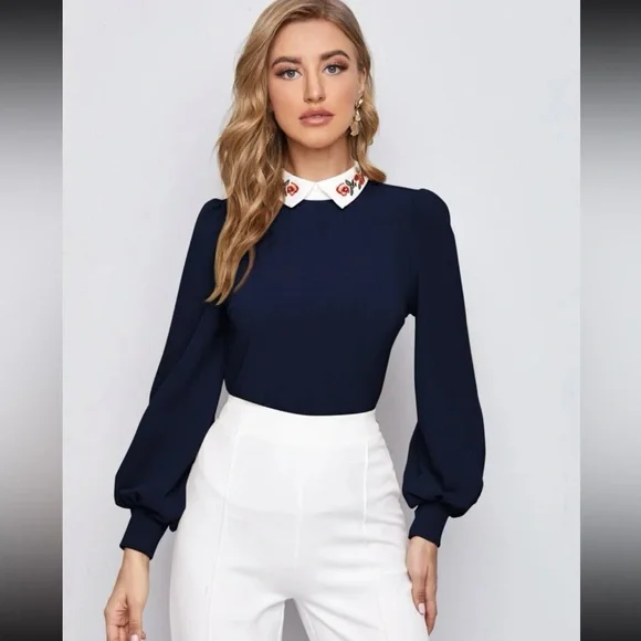 Navy Blue Blouse with White Collar Detail - Picture 3 of 3